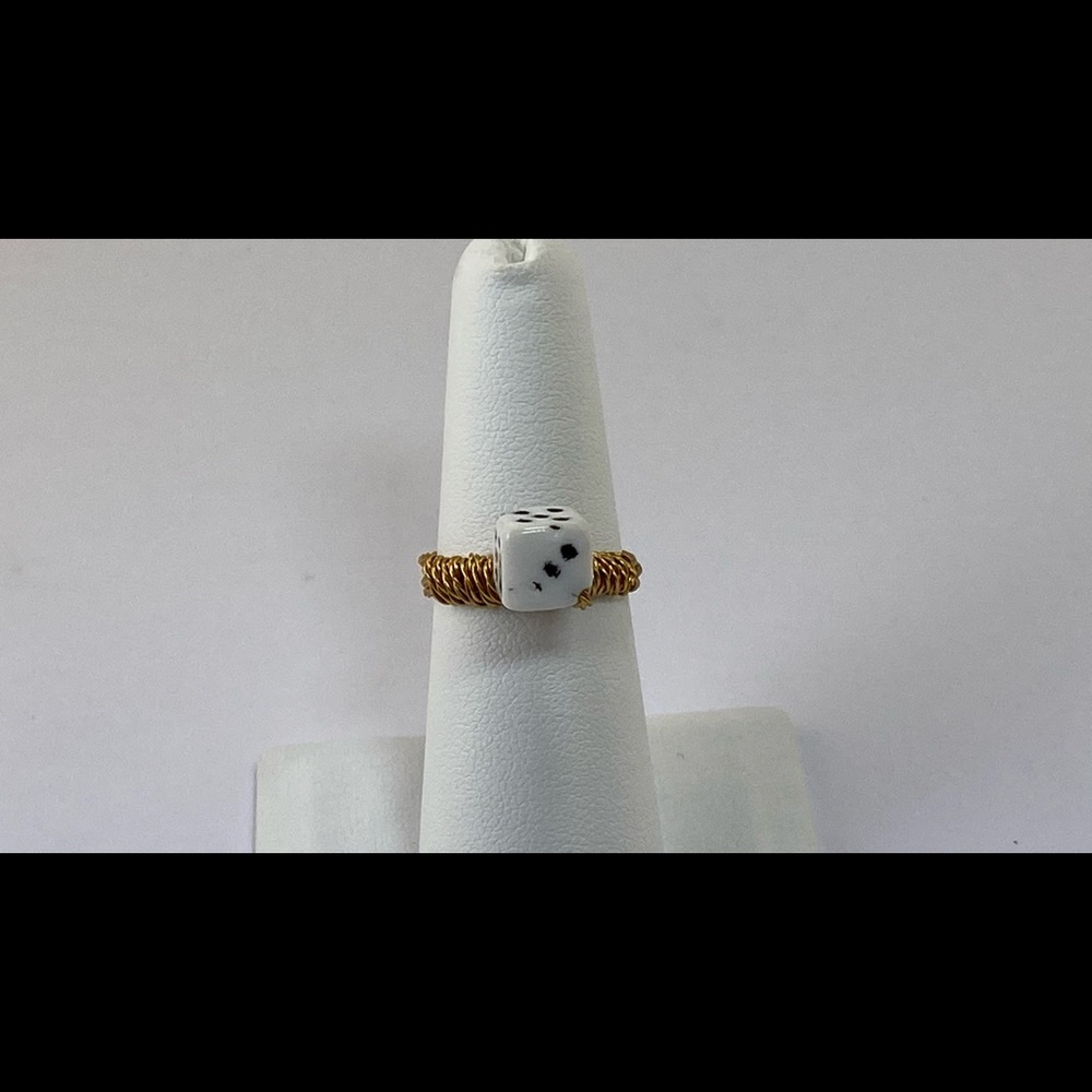 Handmade Glass Dice Bead Ring Gold Tone Wire